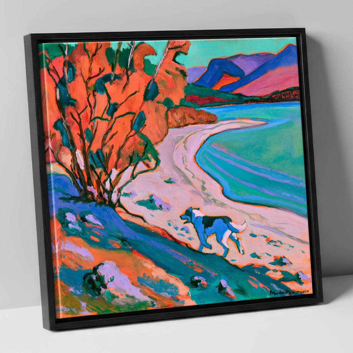 Colourful Derwentwater Shore with Dog derwentwater wall art canvas wall art in black frame