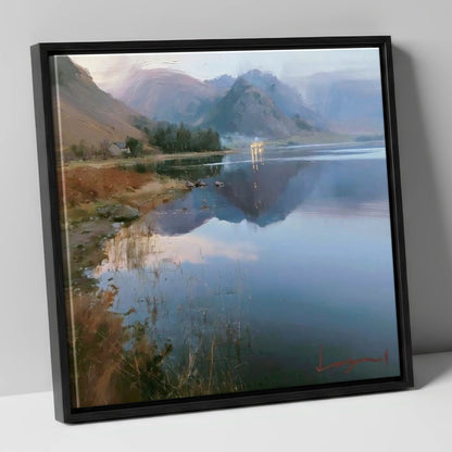 Loweswater Lake in Misty Light lake district lake canvas wall art in black frame