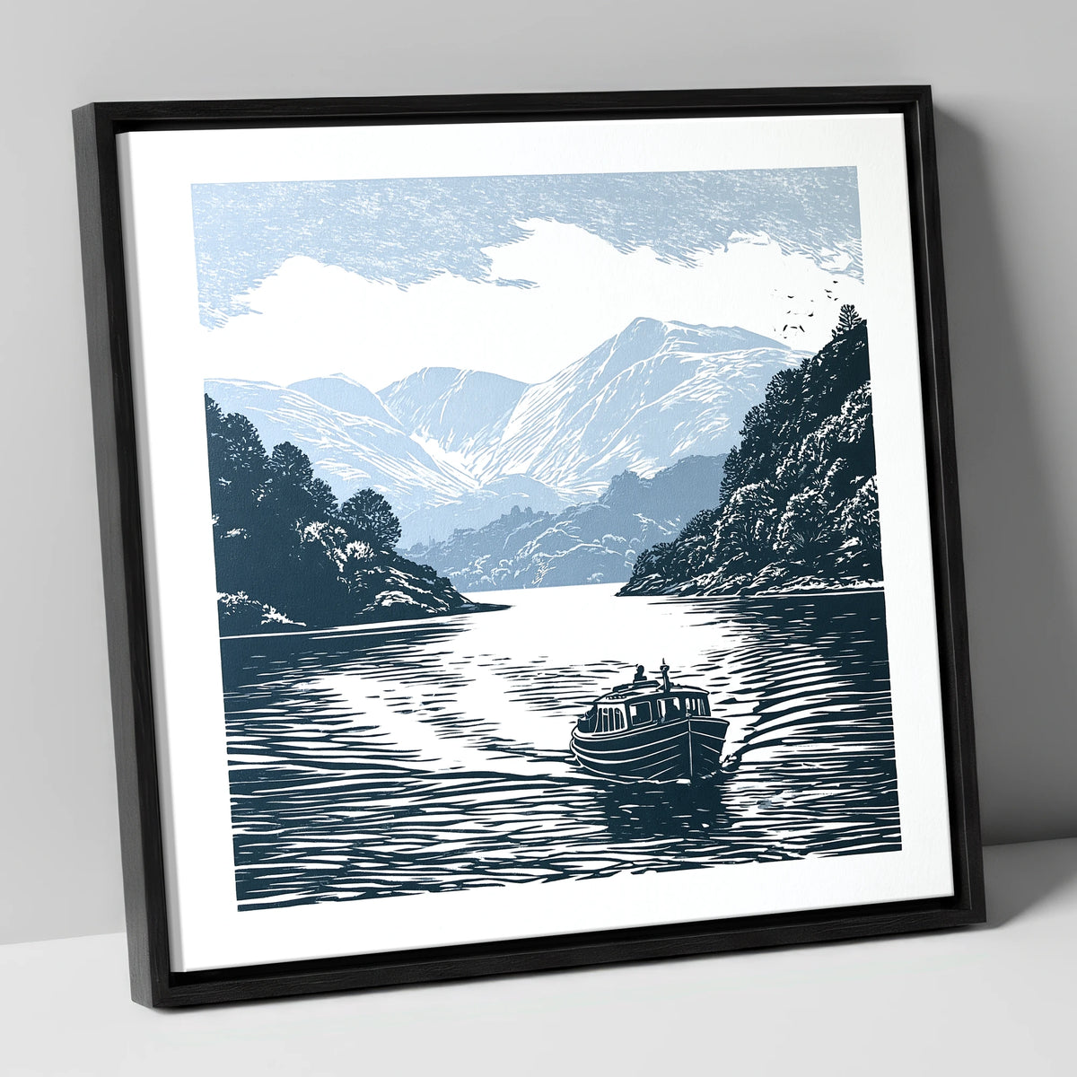 Coniston Water Launch in Navy lake district lake canvas wall art in black frame