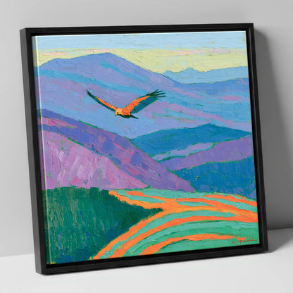 Soaring Buzzard Over Vibrant Fells lake district wildlife canvas wall art in black frame