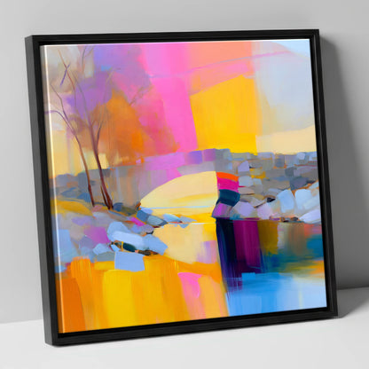 Stone Bridge Under Fuchsia Sky lake district waterfall canvas wall art in black frame