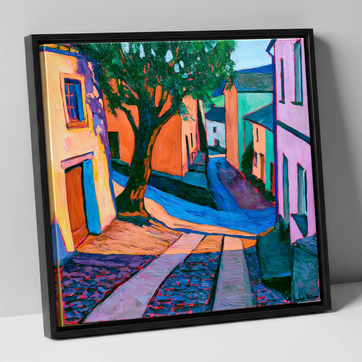 Cobbled Village Street in Vivid Colour lake district village canvas wall art in black frame