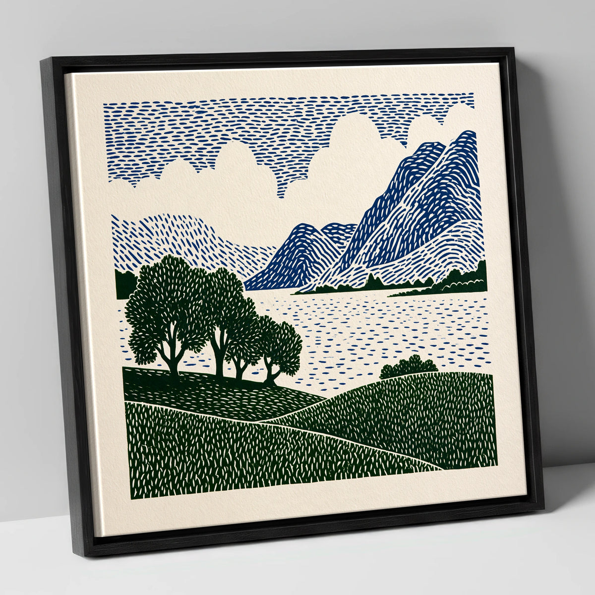 Crummock Water in Navy and Green lake district lake canvas wall art in black frame