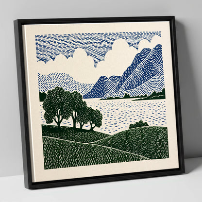 Crummock Water in Navy and Green lake district lake canvas wall art in black frame