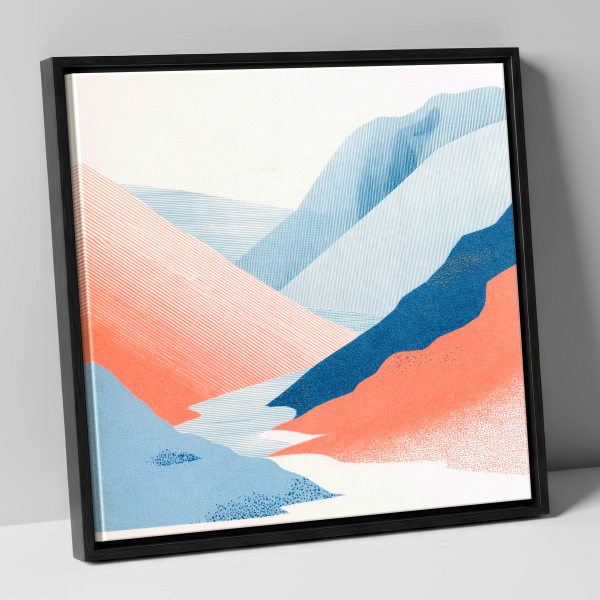 Kirkstone Pass in Blue and Coral lake district valley canvas wall art in black frame