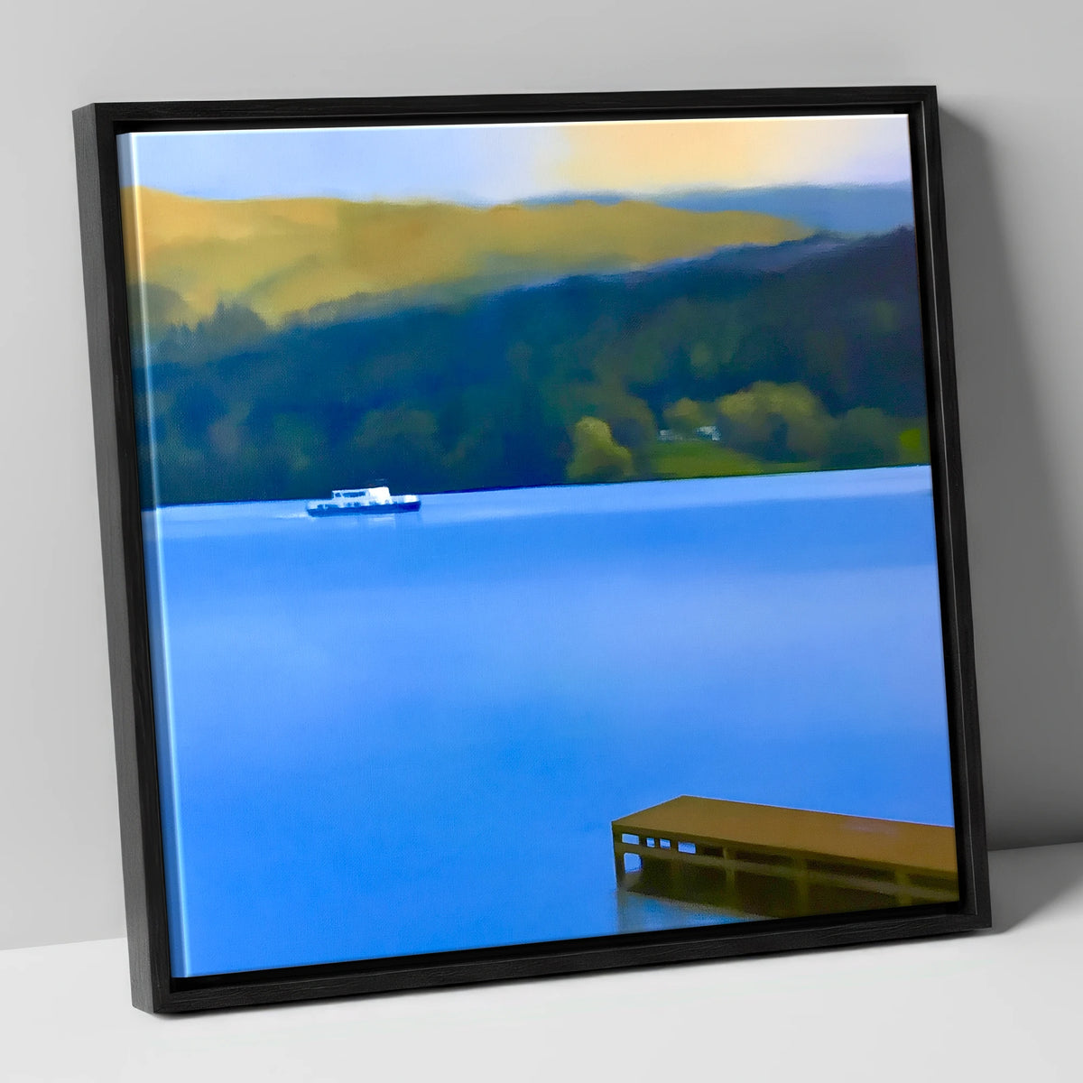Jetty on Blue Coniston Water lake district lake canvas wall art in black frame