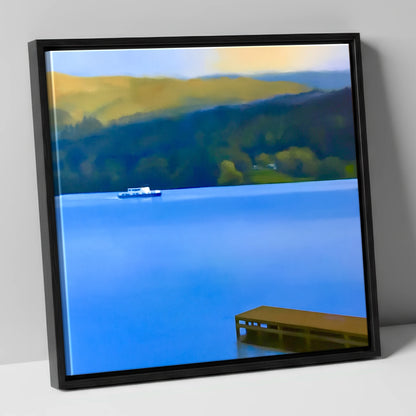 Jetty on Blue Coniston Water lake district lake canvas wall art in black frame