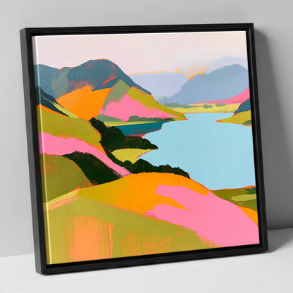 Bold Pink Fells and Lake lake district lake canvas wall art in black frame