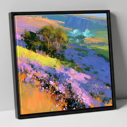 Vibrant Heather Fellside in Bloom flowers & fellsides canvas wall art in black frame