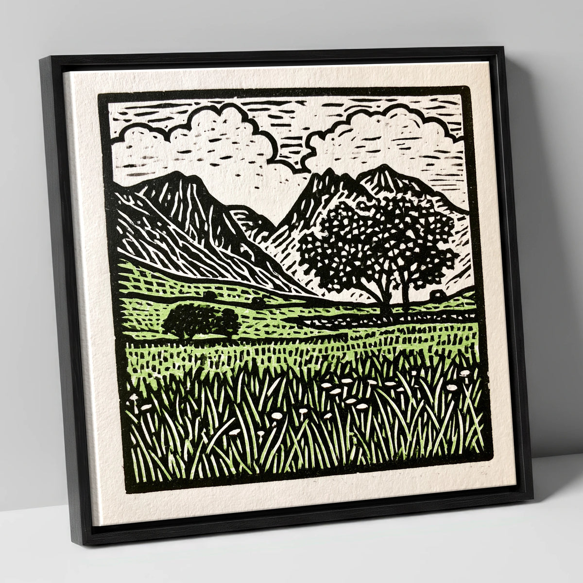 Langdale Pikes Spring Meadow lake district fell canvas wall art in black frame