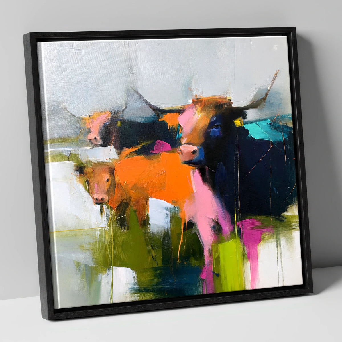 Abstract Highland Cattle Grazing lake district wildlife canvas wall art in black frame