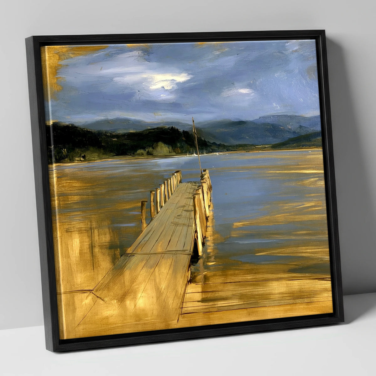 Waterhead Jetty Under Slate Skies lake district village canvas wall art in black frame