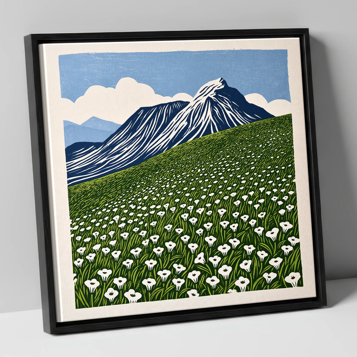 Blencathra and White Fellside Blooms lake district fell canvas wall art in black frame