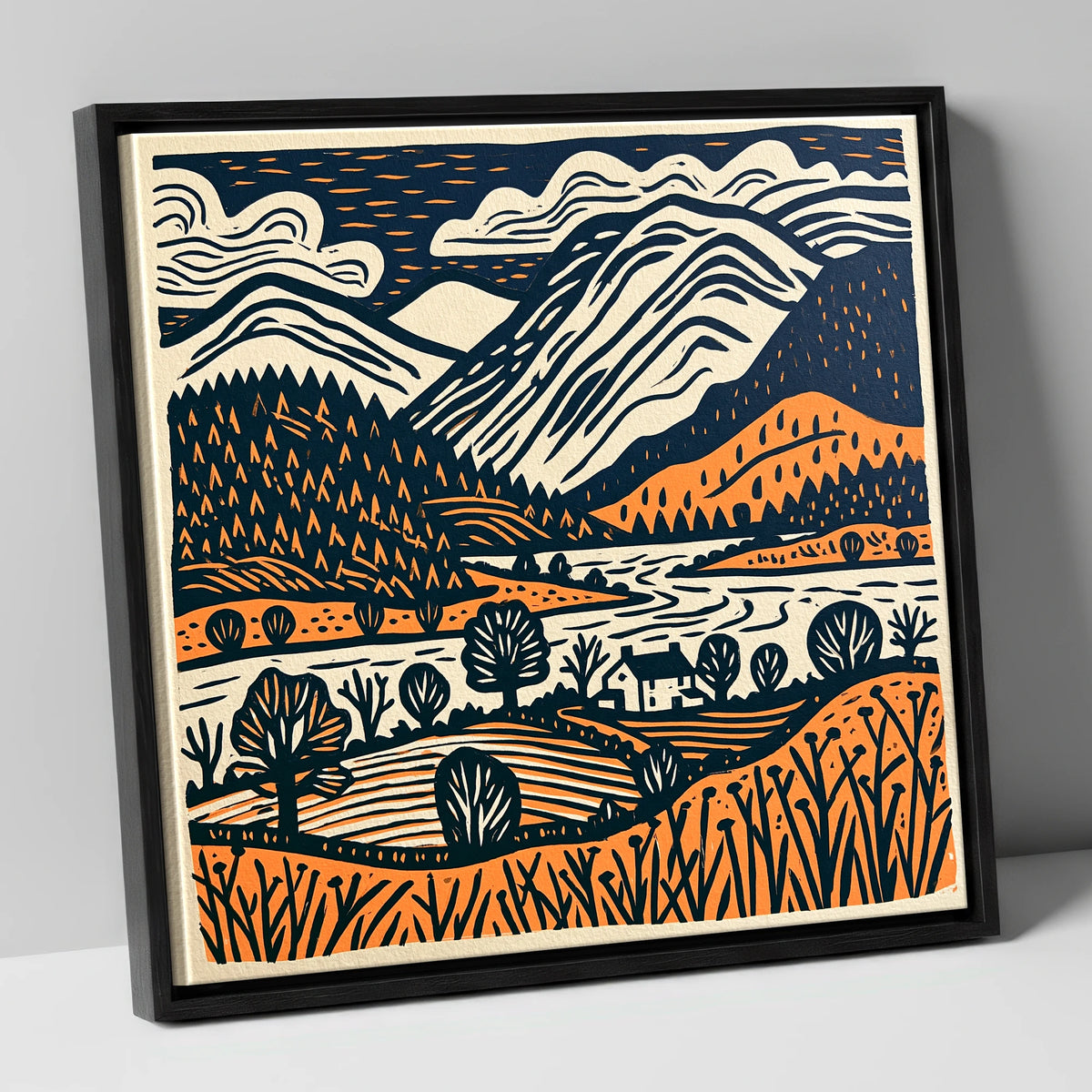 Grasmere Fells in Terracotta and Navy lake district lake canvas wall art in black frame