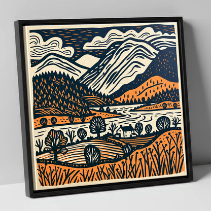 Grasmere Fells in Terracotta and Navy lake district lake canvas wall art in black frame