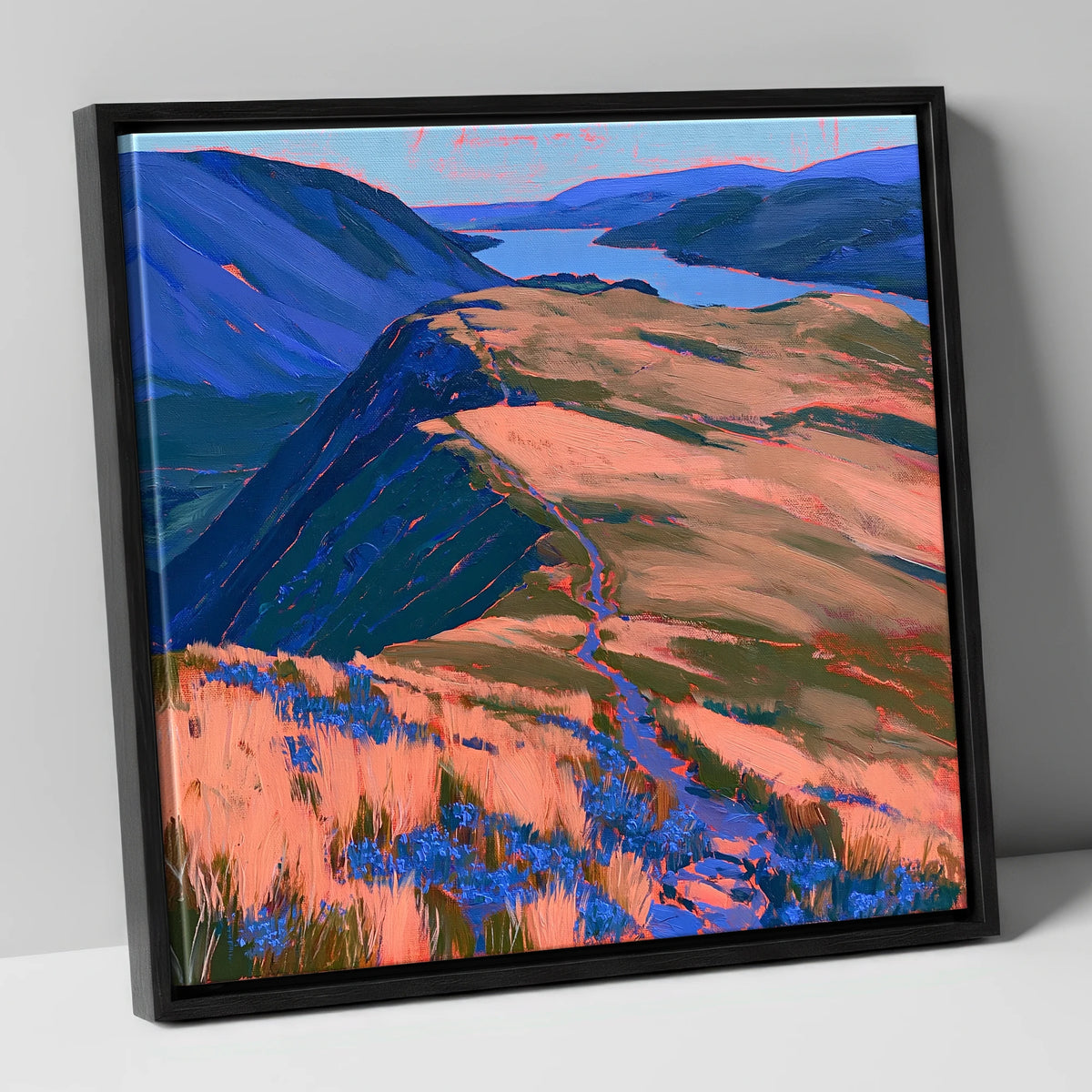 Beda Fell Ridge in Coral Light lake district village canvas wall art in black frame