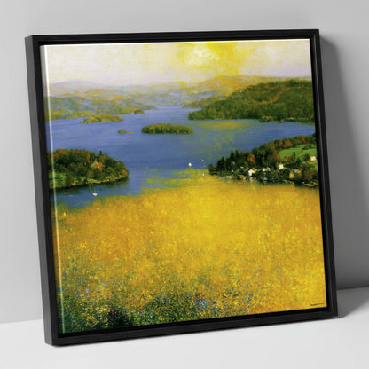 Golden Light Over Bowness Bay lake district village canvas wall art in black frame