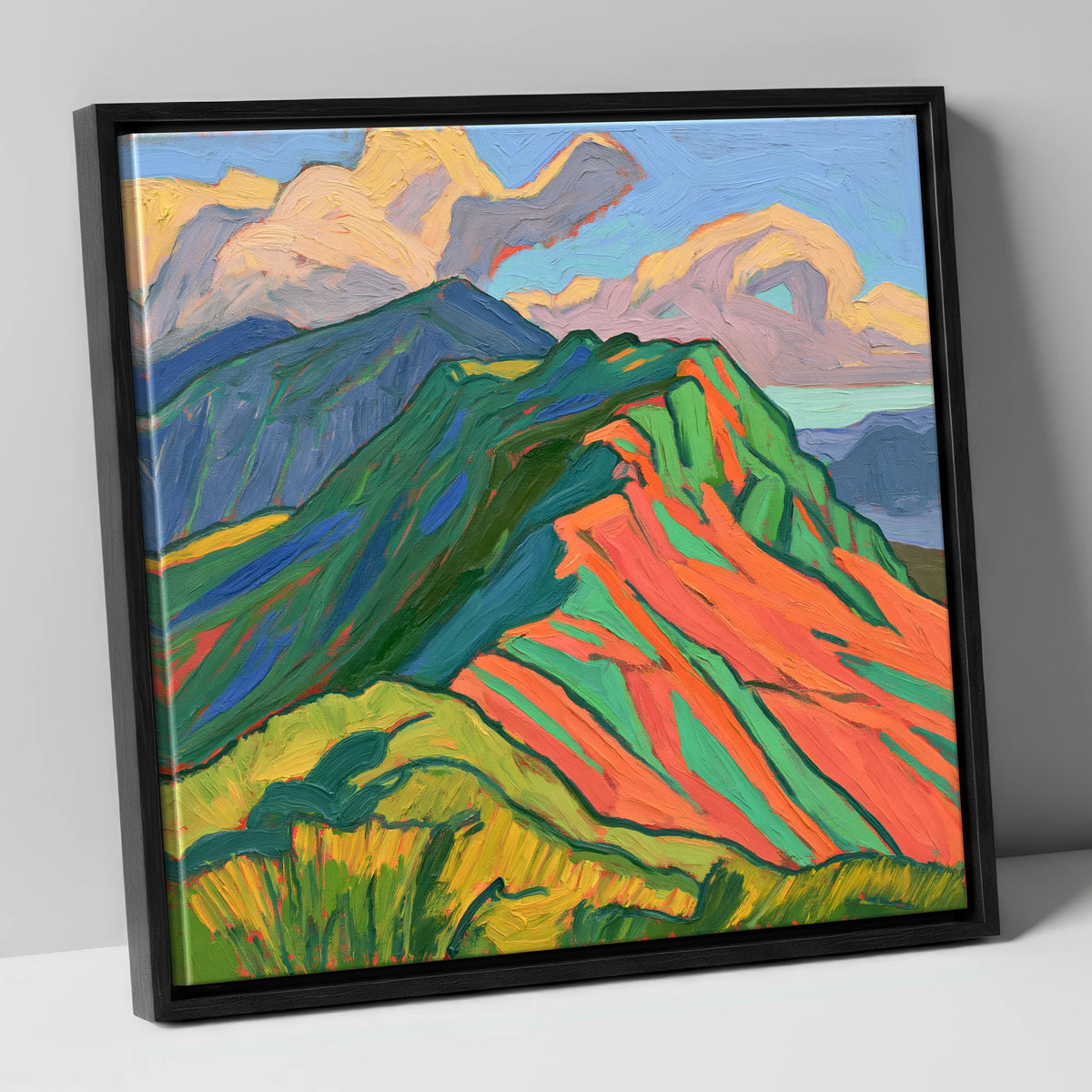 Vibrant Mountain Ridge lake district fell canvas wall art in black frame