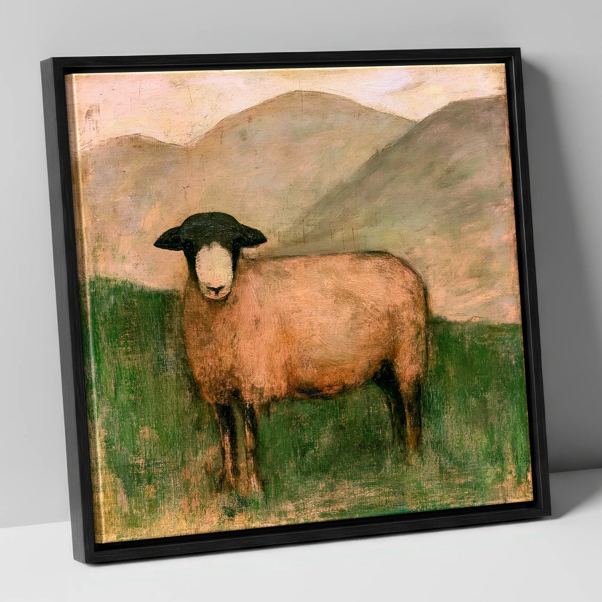 Herdwick Sheep on Warm Fellside lake district wildlife canvas wall art in black frame