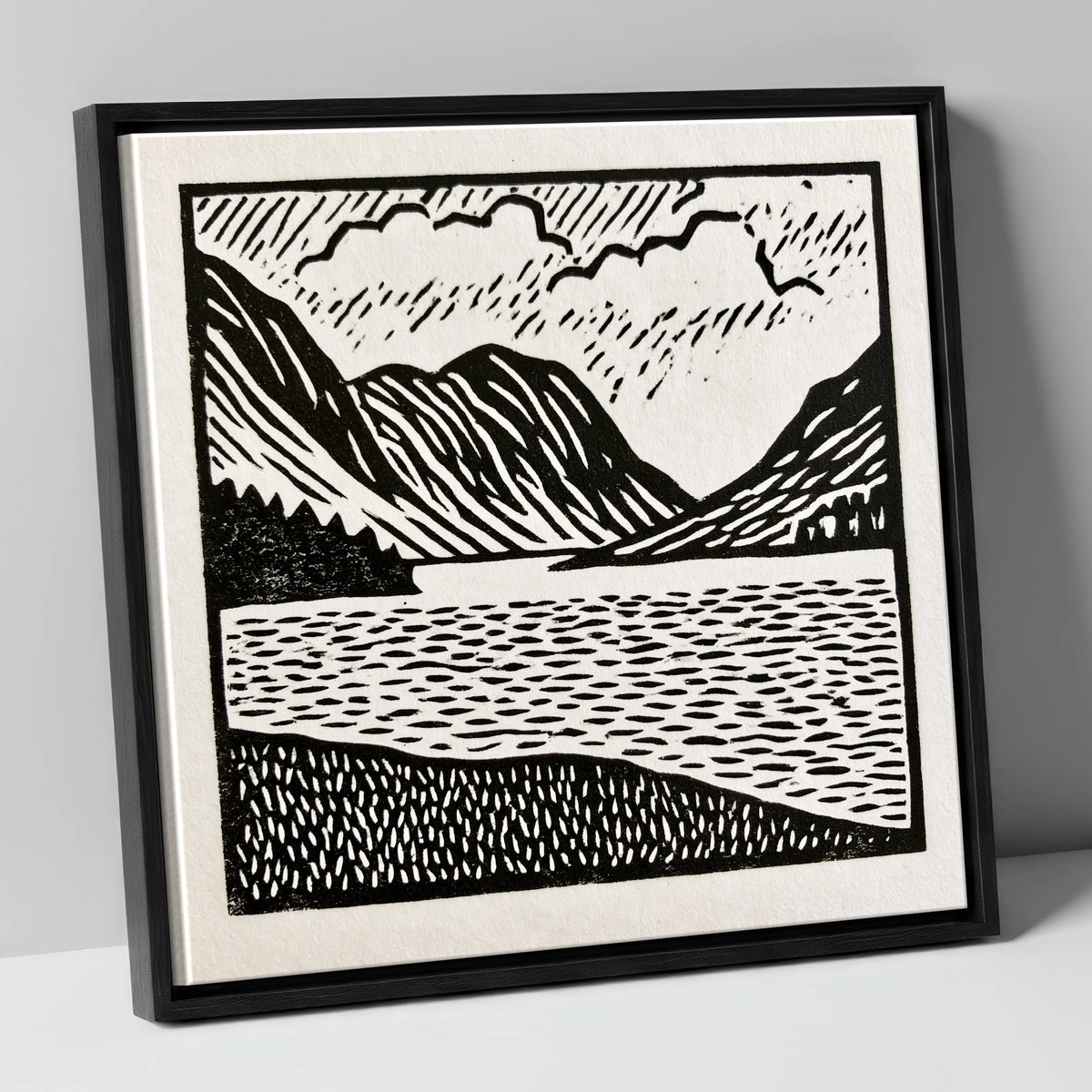 Monochrome Crummock Water Landscape lake district lake canvas wall art in black frame