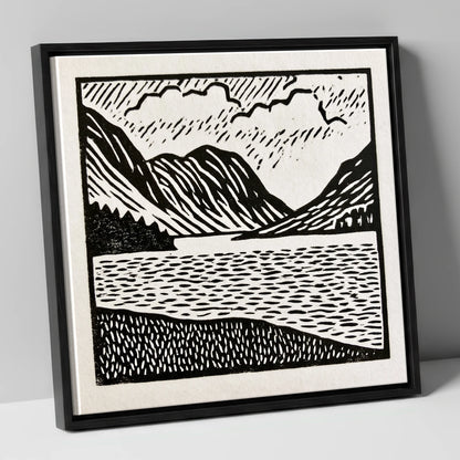 Monochrome Crummock Water Landscape lake district lake canvas wall art in black frame