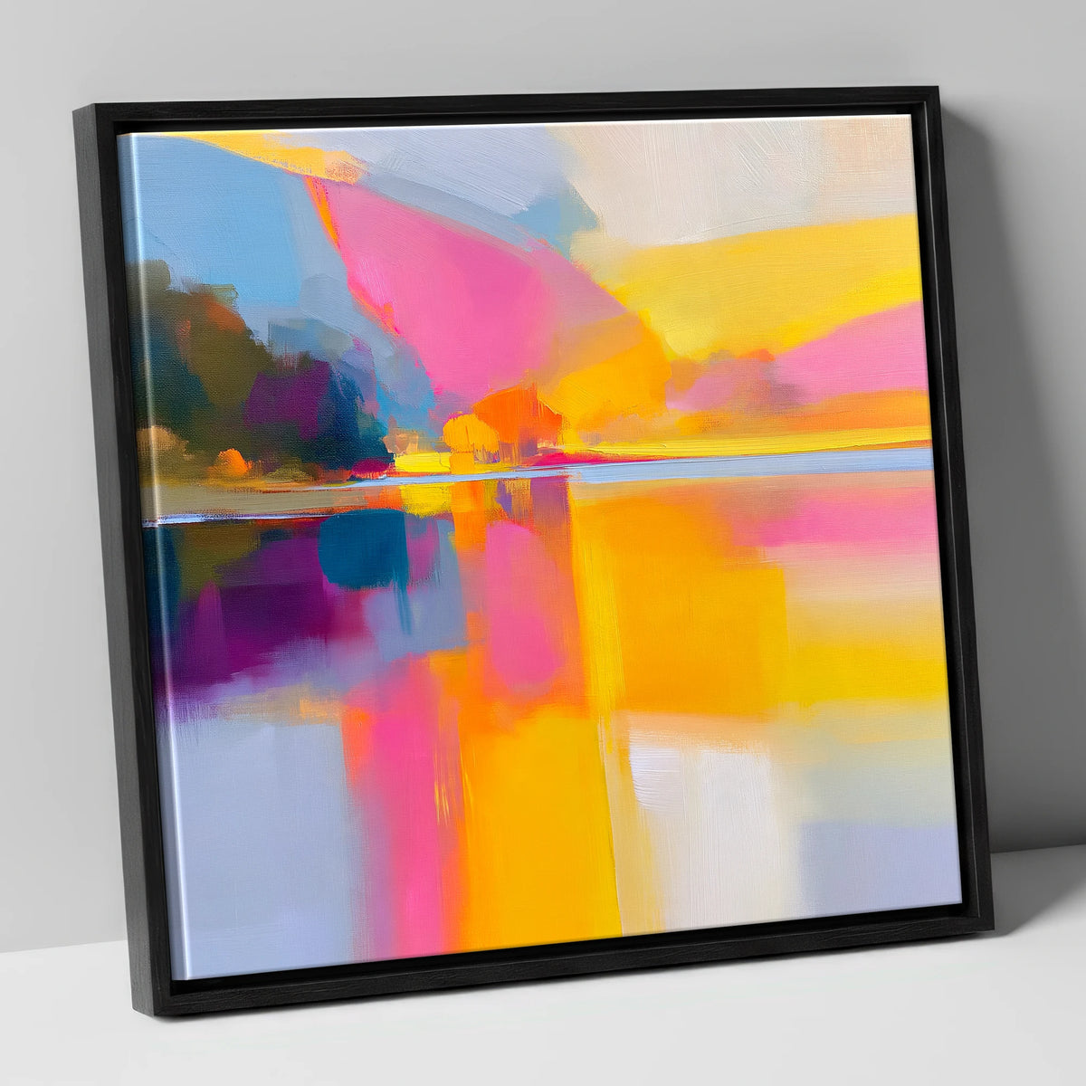 Vibrant Pink Calm Lake Reflections lake district lake canvas wall art in black frame