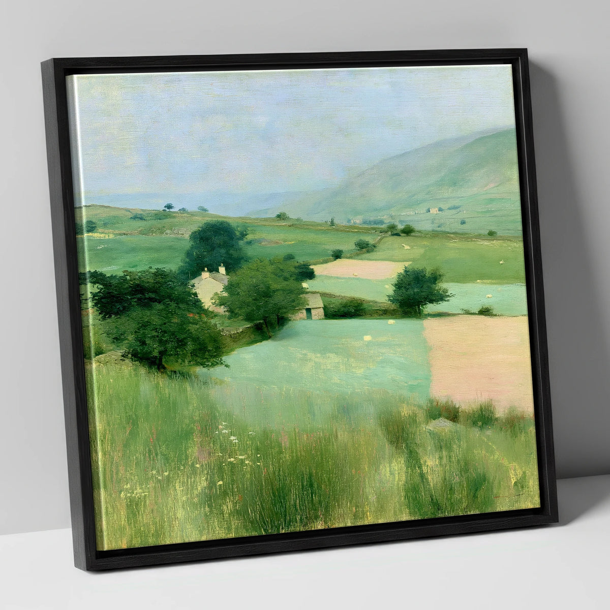 Patchwork Pastures in a Lakeland Dale lake district valley canvas wall art in black frame