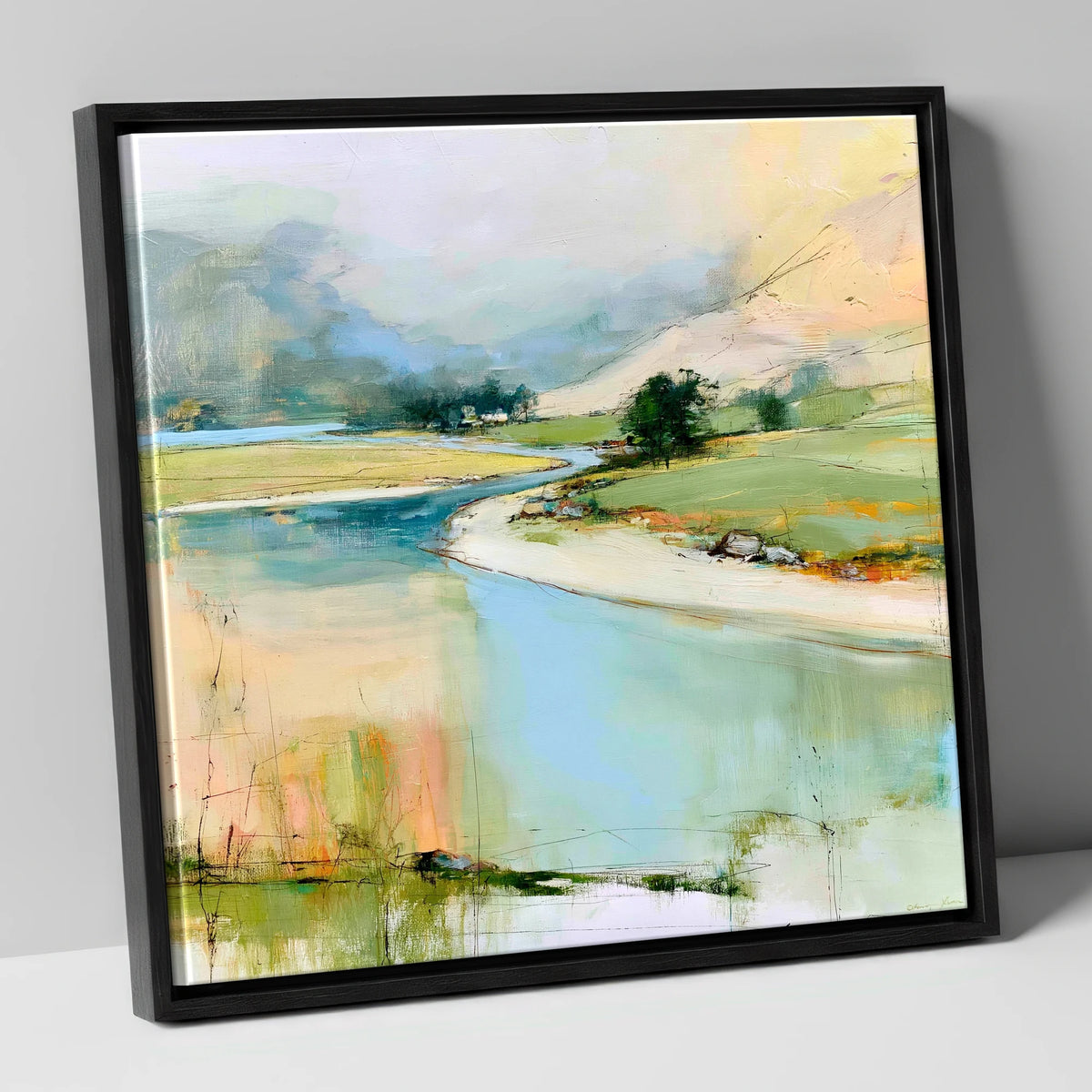 Winding River Valley in Pastel lake district waterfall canvas wall art in black frame