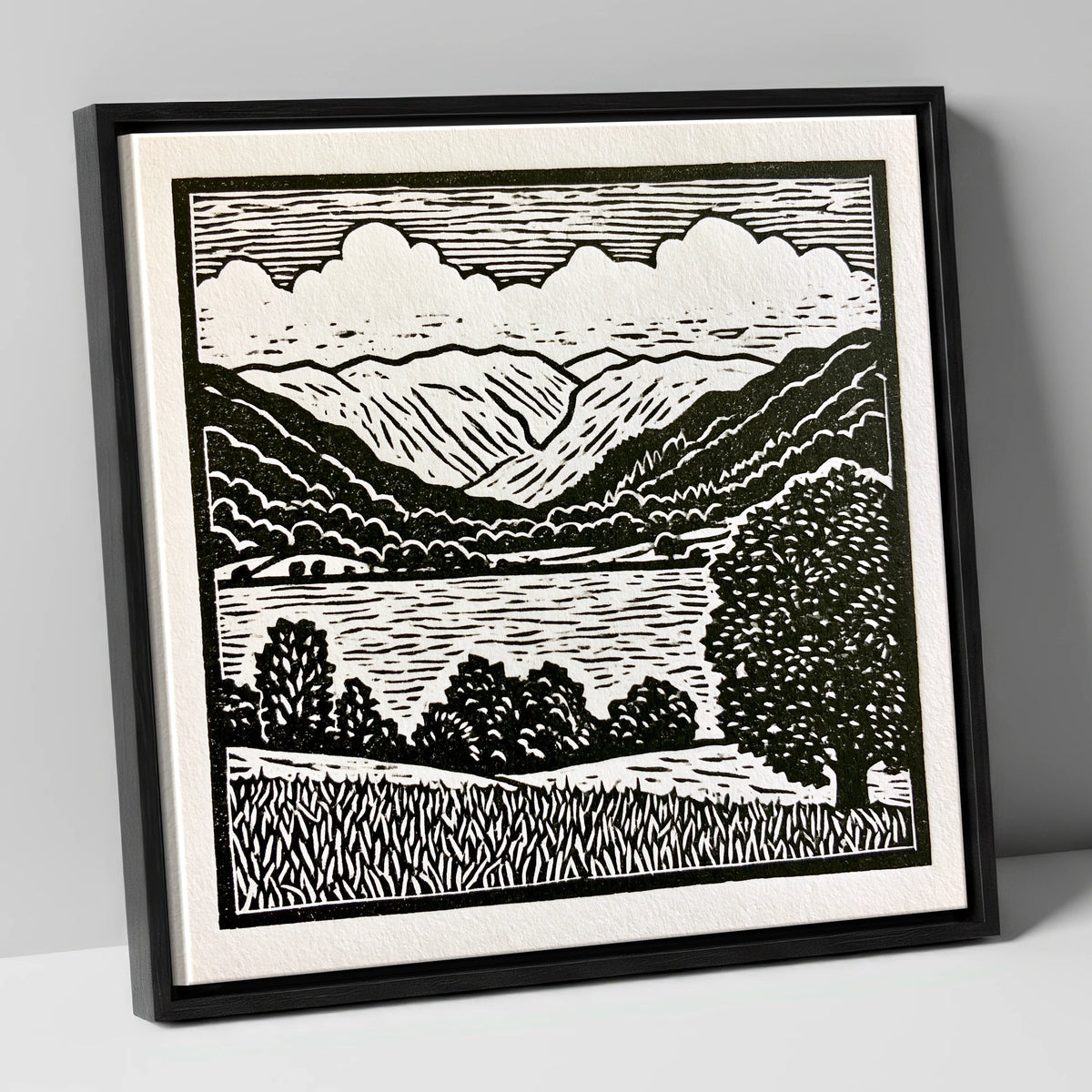 Grasmere and Fells in Monochrome lake district lake canvas wall art in black frame