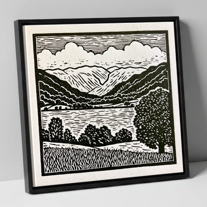 Grasmere and Fells in Monochrome lake district lake canvas wall art in black frame