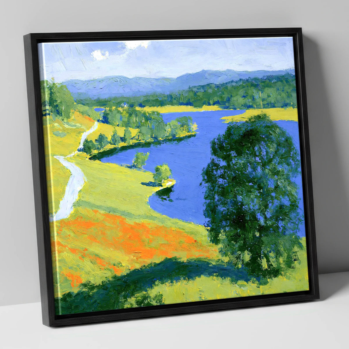 Vivid Colours of Tarn Hows lake district lake canvas wall art in black frame