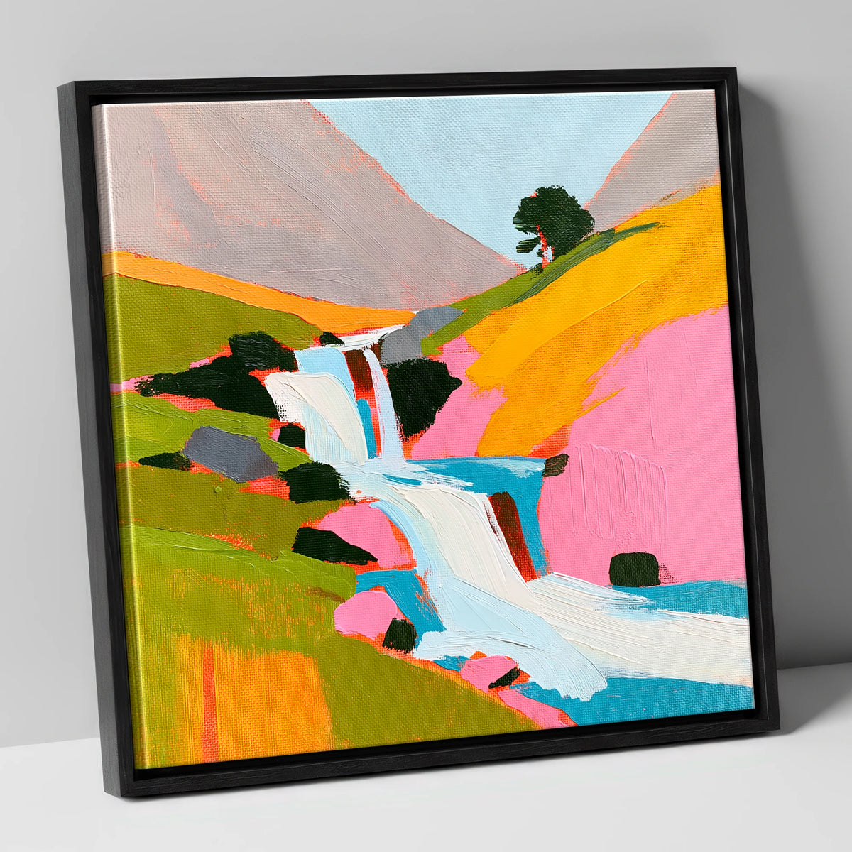 Vibrant Fellside Beck Waterfall lake district waterfall canvas wall art in black frame