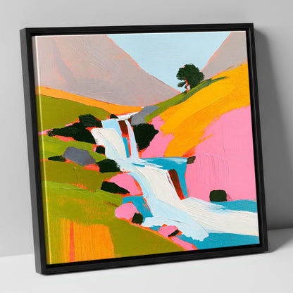 Vibrant Fellside Beck Waterfall lake district waterfall canvas wall art in black frame