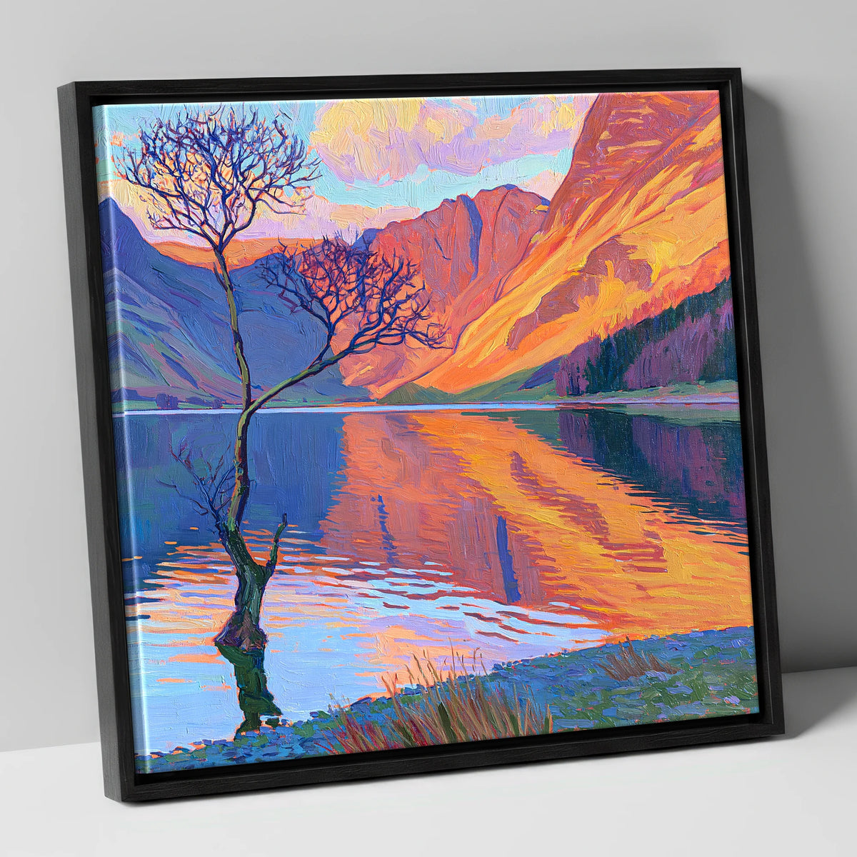 Vibrant Lone Tree at Buttermere lake district lake canvas wall art in black frame