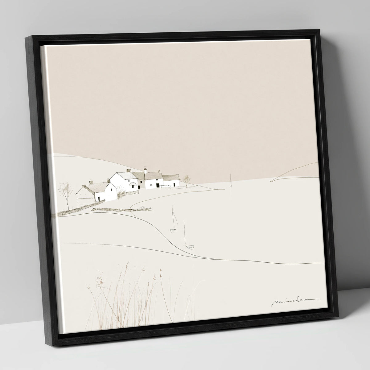 Minimalist White Lakeside Village lake district village canvas wall art in black frame
