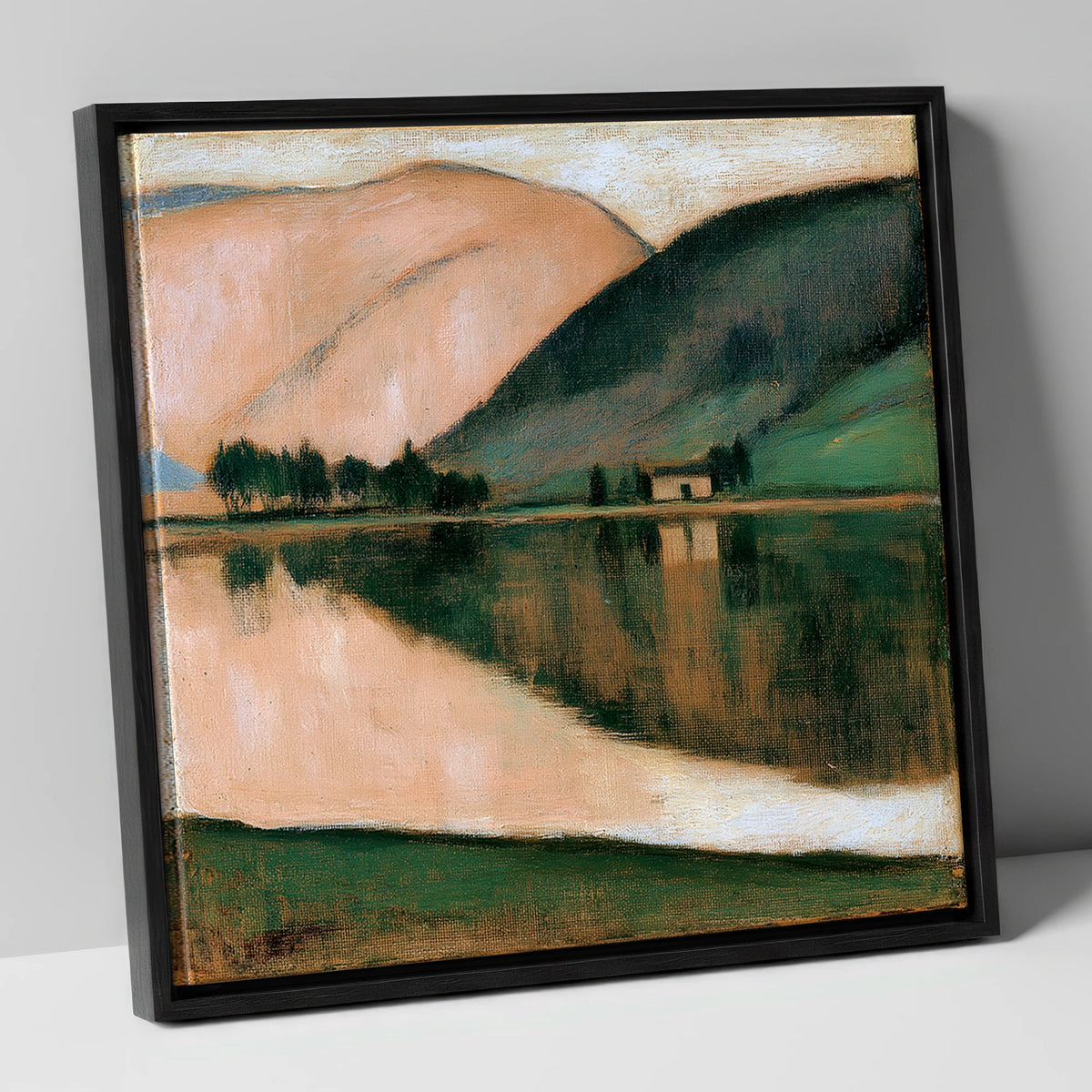 Calm Lake and Terracotta Fells lake district lake canvas wall art in black frame