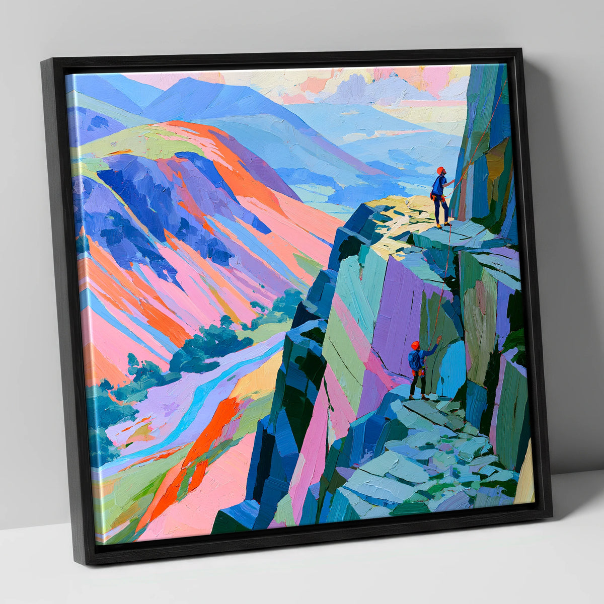 Rock Climbers on Vibrant Crag lake district walking canvas wall art in black frame