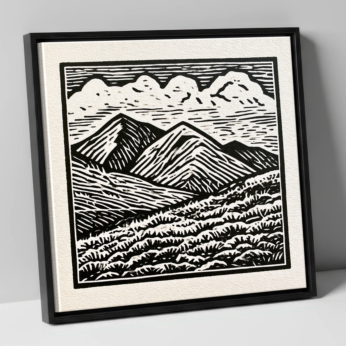 Monochrome Rolling Fells Under Cloud lake district fell canvas wall art in black frame