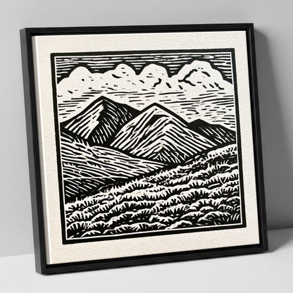 Monochrome Rolling Fells Under Cloud lake district fell canvas wall art in black frame