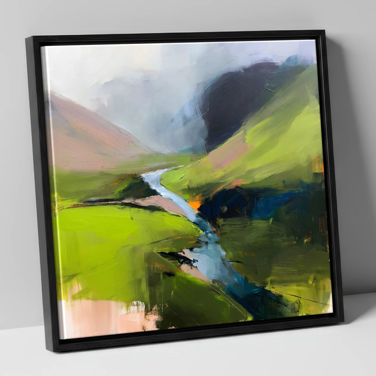 Winding River and Vibrant Fells lake district waterfall canvas wall art in black frame