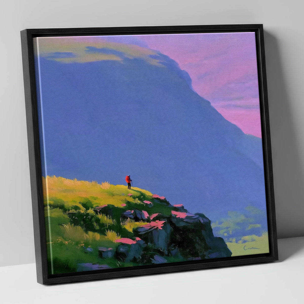 Fell Walker Under Lilac Sky lake district walking canvas wall art in black frame