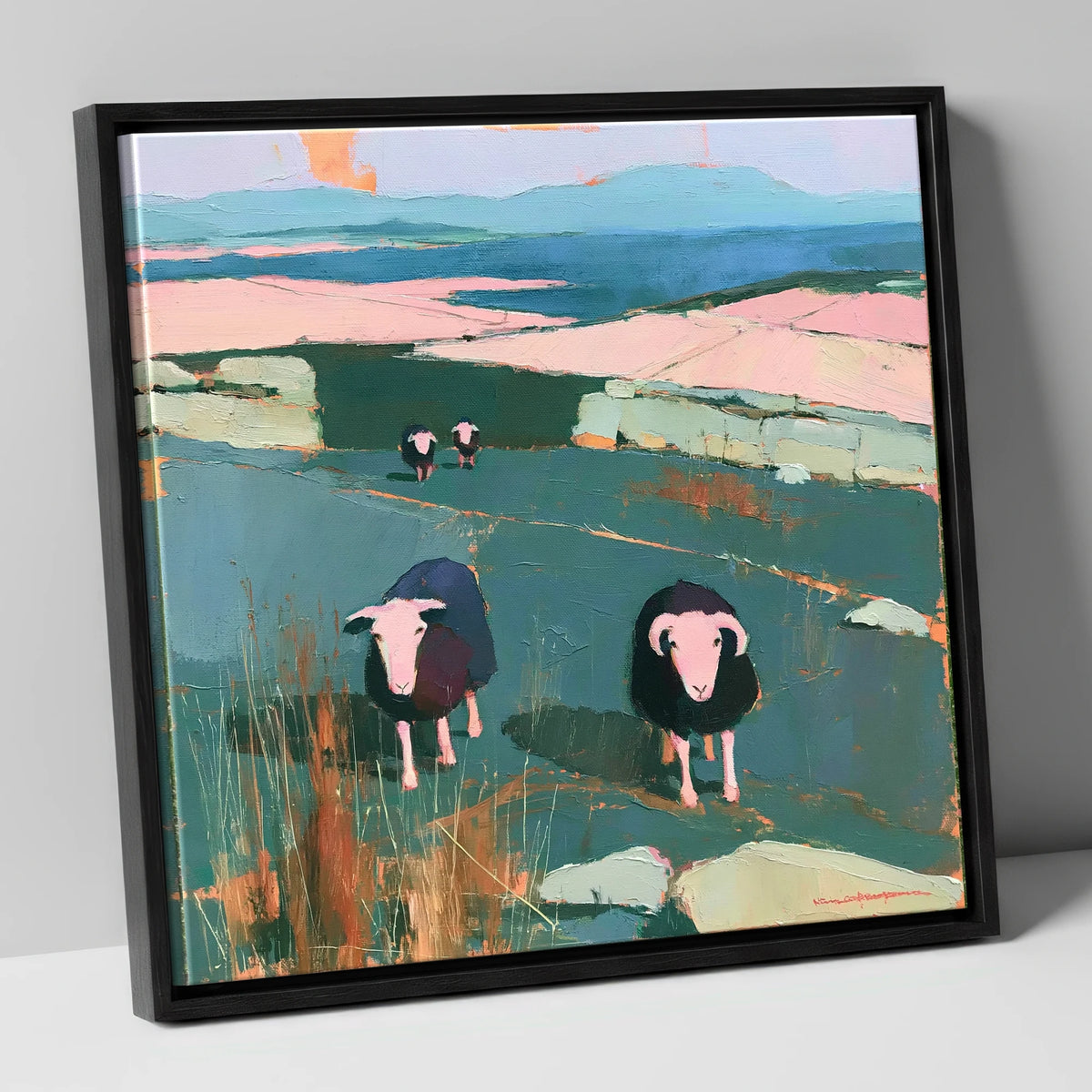 Herdwick Sheep on a Teal Fellside lake district wildlife canvas wall art in black frame