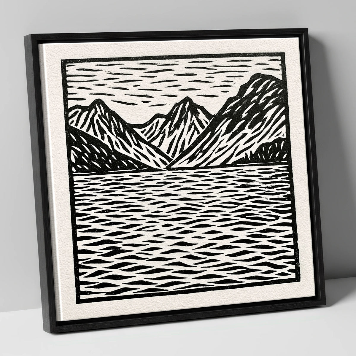 Monochrome Fells and Lake Reflections lake district lake canvas wall art in black frame