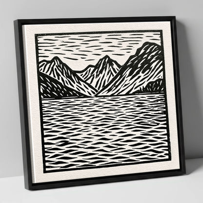 Monochrome Fells and Lake Reflections lake district lake canvas wall art in black frame