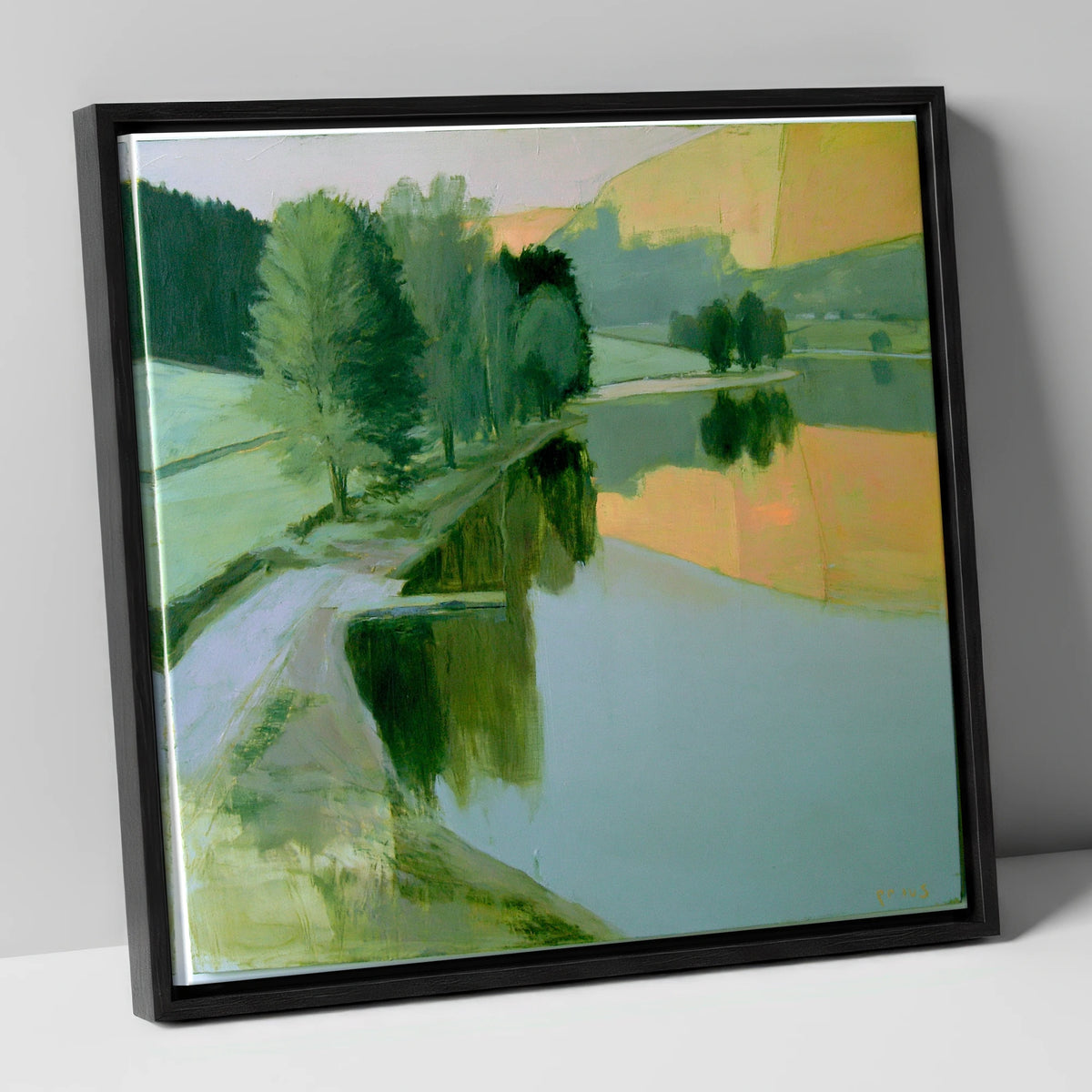 Still Lake in Apricot Dawn lake district lake canvas wall art in black frame