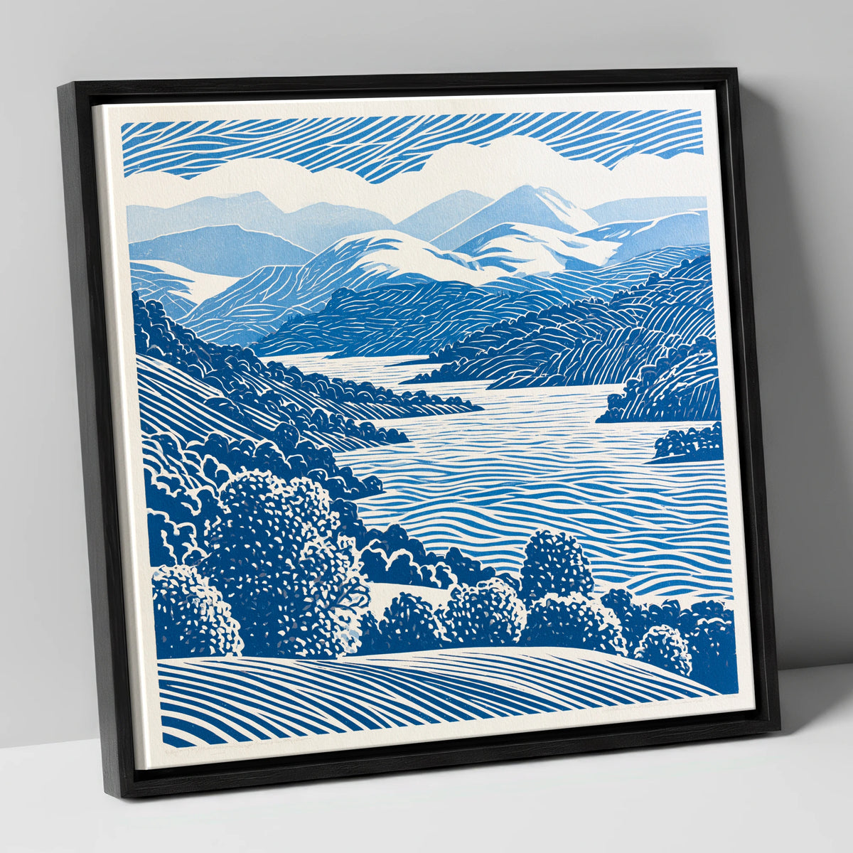 Coniston Water in Cobalt Blue lake district lake canvas wall art in black frame