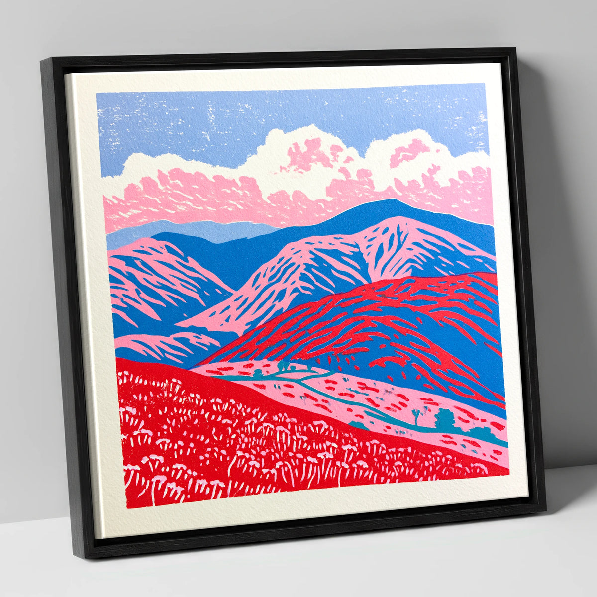 Red and Blue Rolling Fells lake district fell canvas wall art in black frame