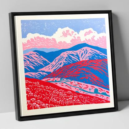 Red and Blue Rolling Fells lake district fell canvas wall art in black frame