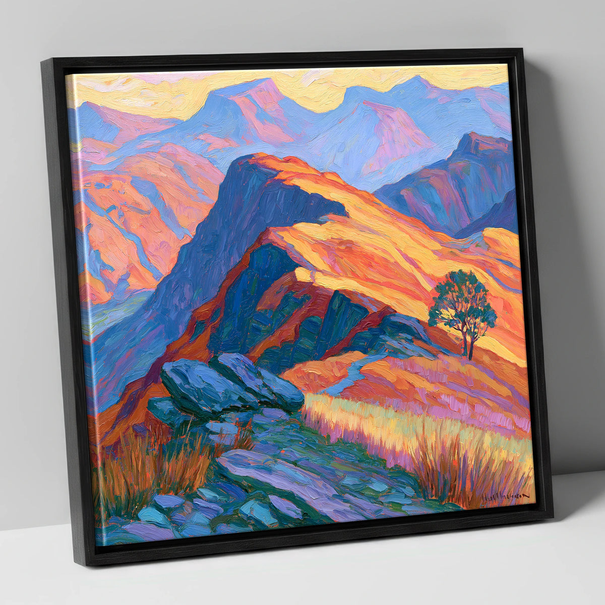 Vibrant Sunlit Mountain Ridge lake district fell canvas wall art in black frame