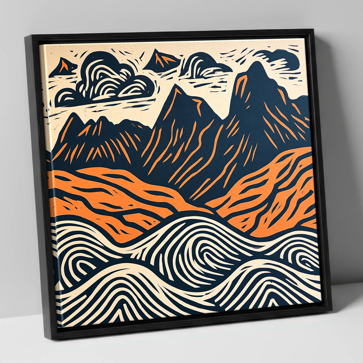 Navy and Orange Langdale Pikes lake district fell canvas wall art in black frame